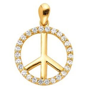 14K Yellow Gold Peace Sign CZ Pendant